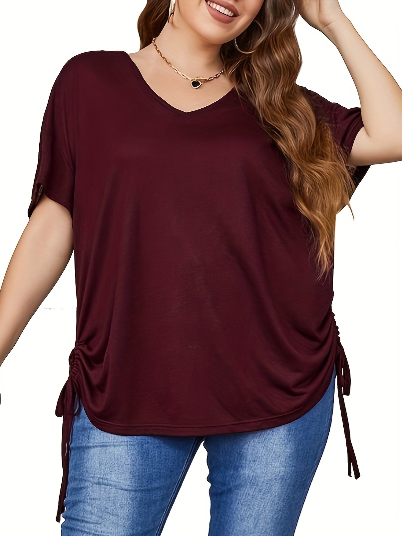 Plus Size Womens Tops with Drawstring Detail - Ultra-Comfortable High Stretch Casual Style - Flattering Half Sleeves for Curvy Figures