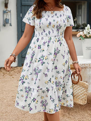 Plus Size Floral Splendor Dress with Flouncy Ruffle Hem - Chic Square Neck, Short Sleeve Style for Effortless Summer Elegance - Womens Plus Size Wardrobe Staple