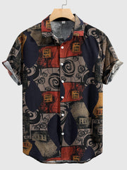 Mens Fashionable Geometric Print Cotton Blend Shirt - Stylish Loose Fit, Breathable & Quick-Dry - Ideal for Summer Outdoor Adventures with Short Sleeve, Button Up, and Lapel Collar