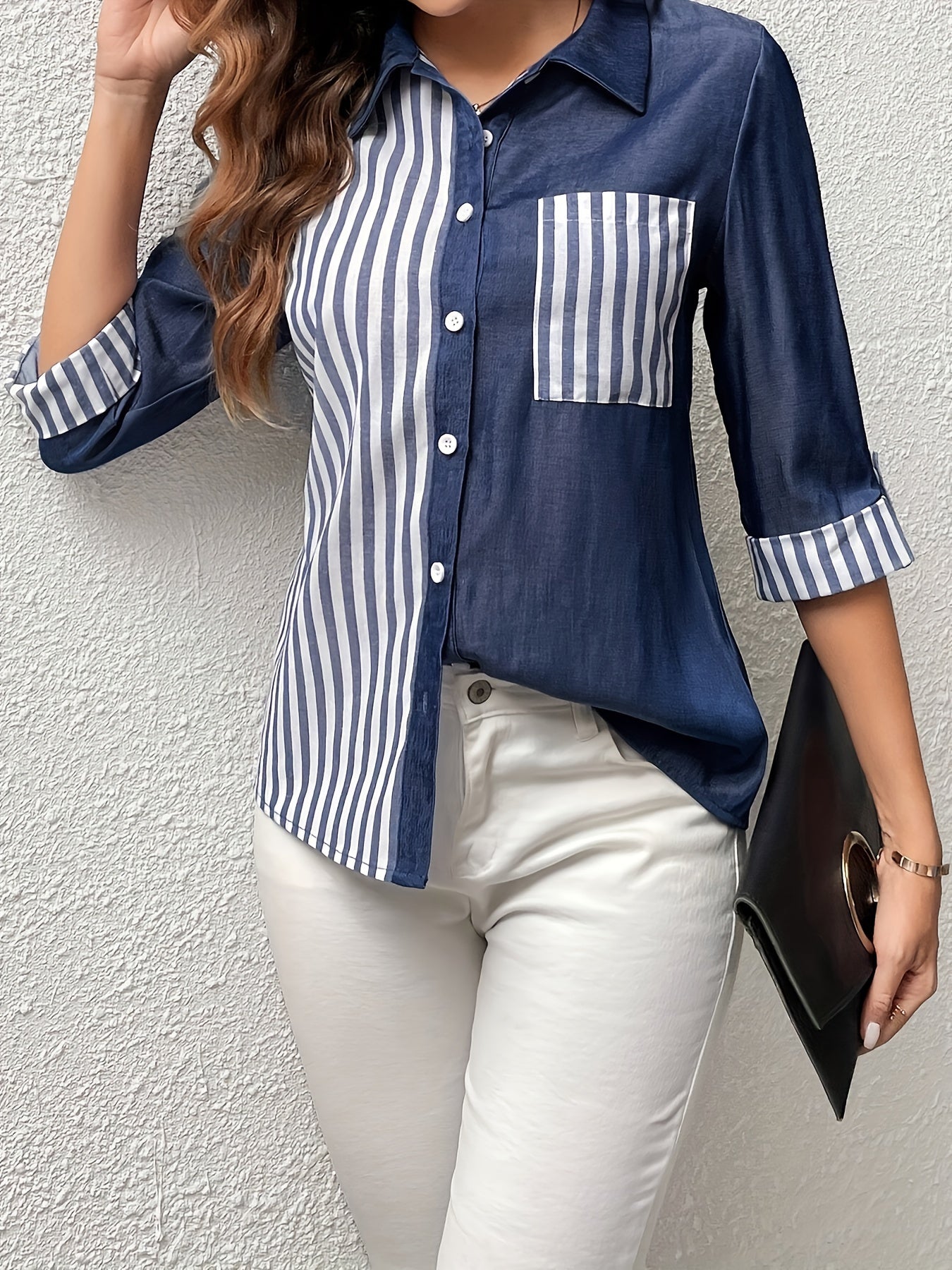 Stripe Print Button Front Blouse, Casual 3/4 Sleeve Pocket Top For Spring & Summer, Women's Clothing