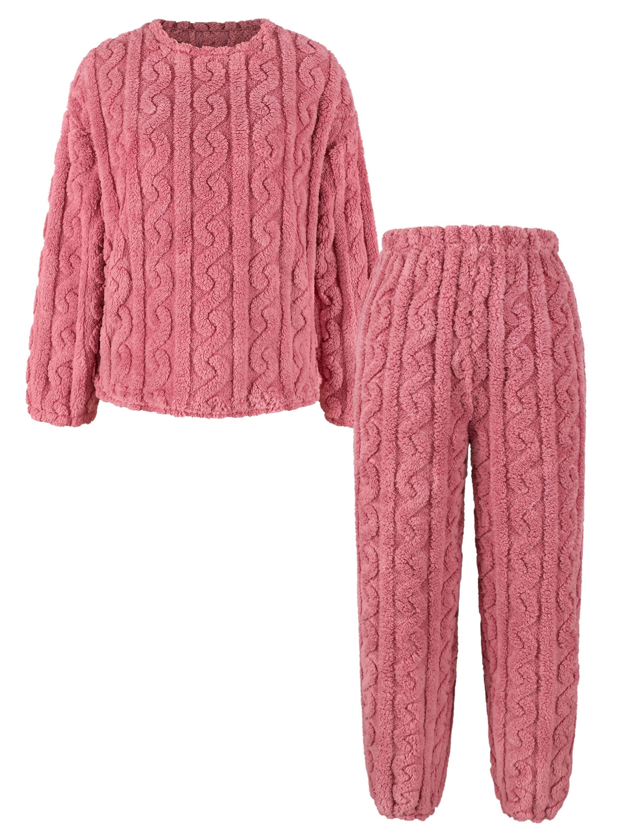 Casual Solid Fleece Jacquard Set, Thickened Long Sleeve Crew Neck Top & Pants, Women's Clothing