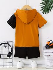 2pcs Boys Casual DAD + ME Letter Graphic Print Short Sleeve Hooded T-shirt & Shorts Set, Comfy Summer Boys Clothes