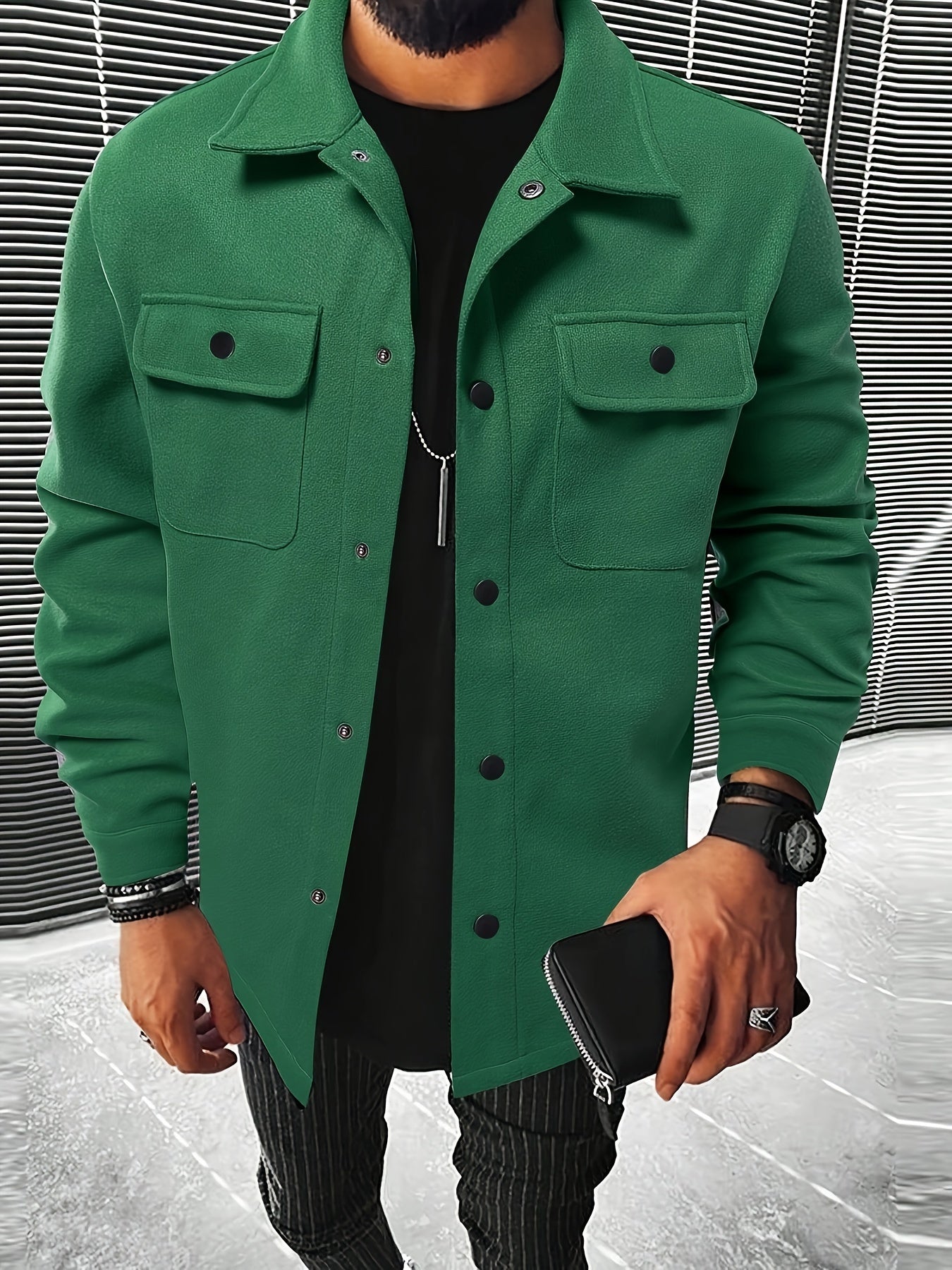 Mens Chic Flap Pocket Jacket - Stylish Button Up Design - Warm Autumn-Winter Coat for Mature Style