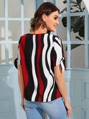 Striped Print Crew Neck Blouse, Casual Short Sleeve Blouse For Spring & Summer, Women's Clothing