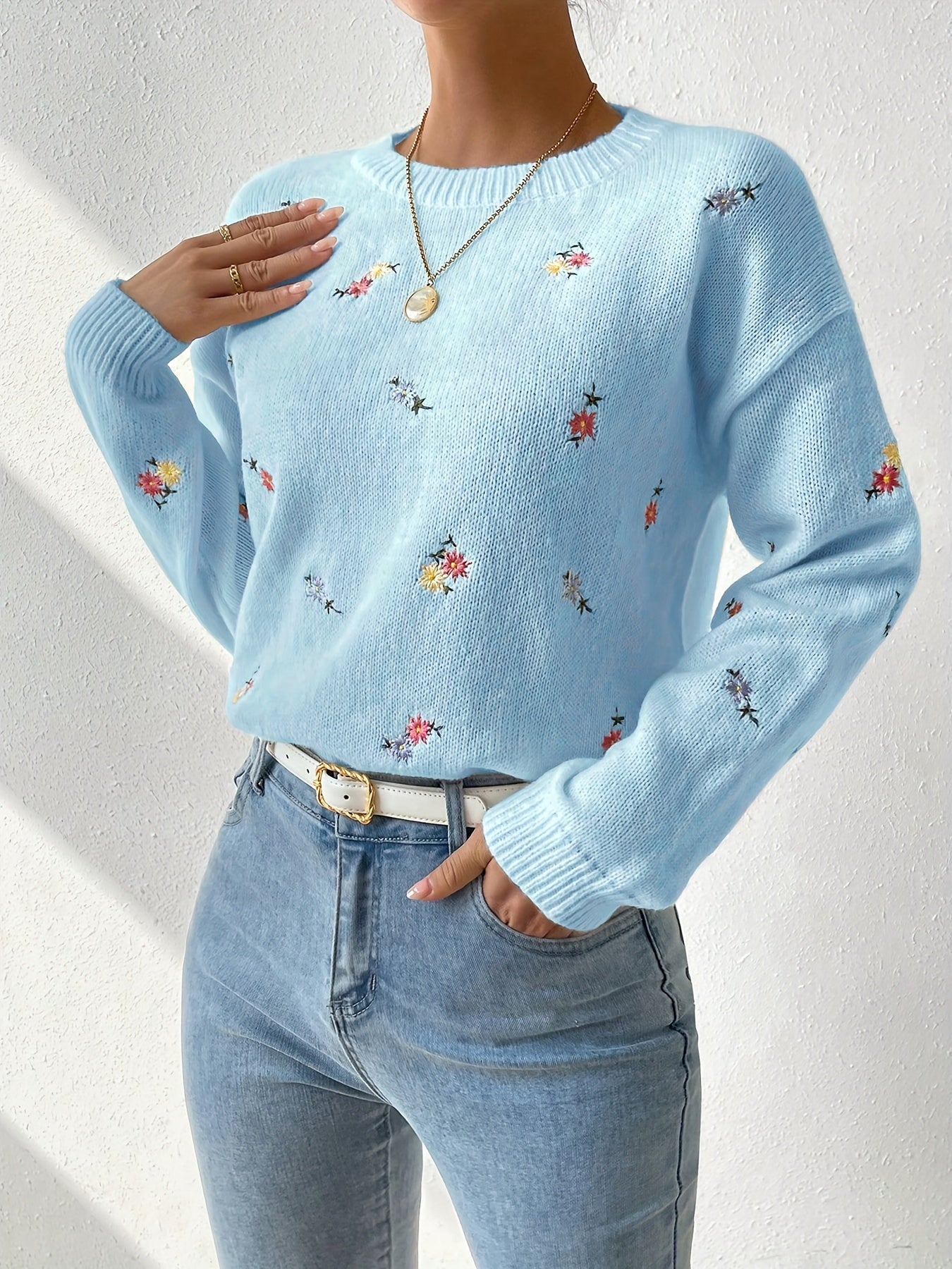 Flower Embroidery Long Sleeve Sweater, Casual Drop Shoulder Crew Neck Pullover Sweater For Fall & Winter, Women's Clothing