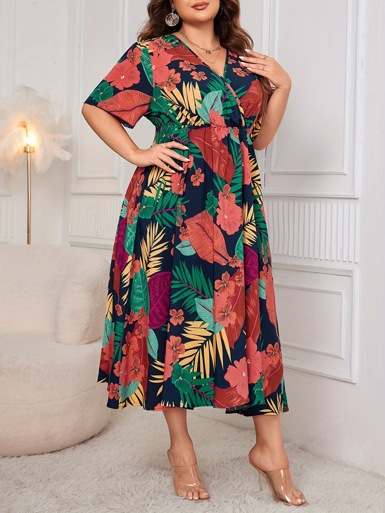 Plus Size Tropical Paradise Dress - Flattering Cinched Waist, Flutter Sleeves, Surplice Neckline - Stylish Midi Vacation Dress for Spring & Summer - Designed for Womens Plus Sizes