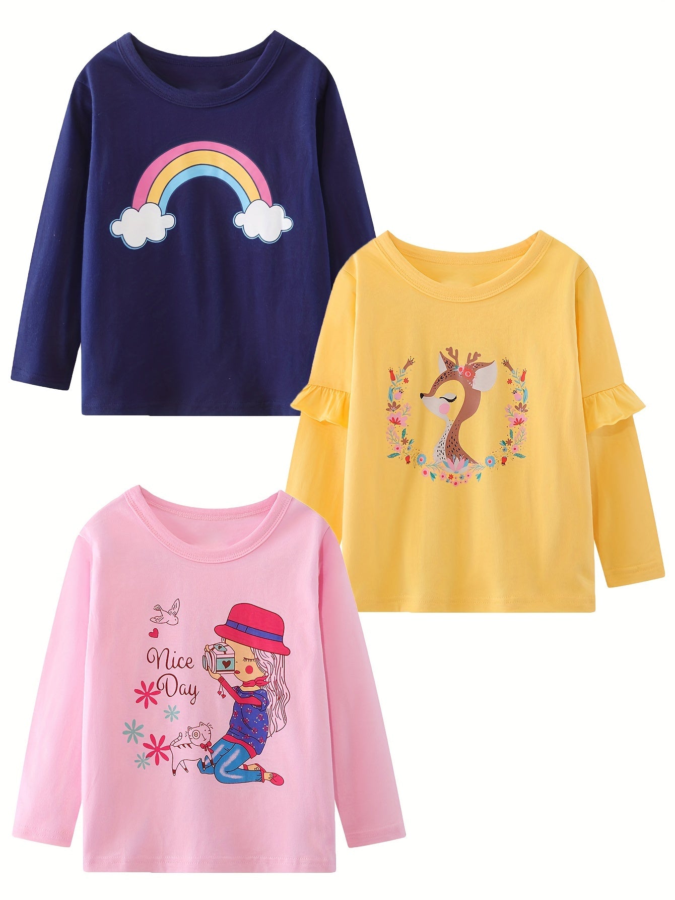 3pcs Cartoon Girls Long Sleeve T-shirt Pure Cotton Comfortable Casual Round Neck Cute Tee Tops