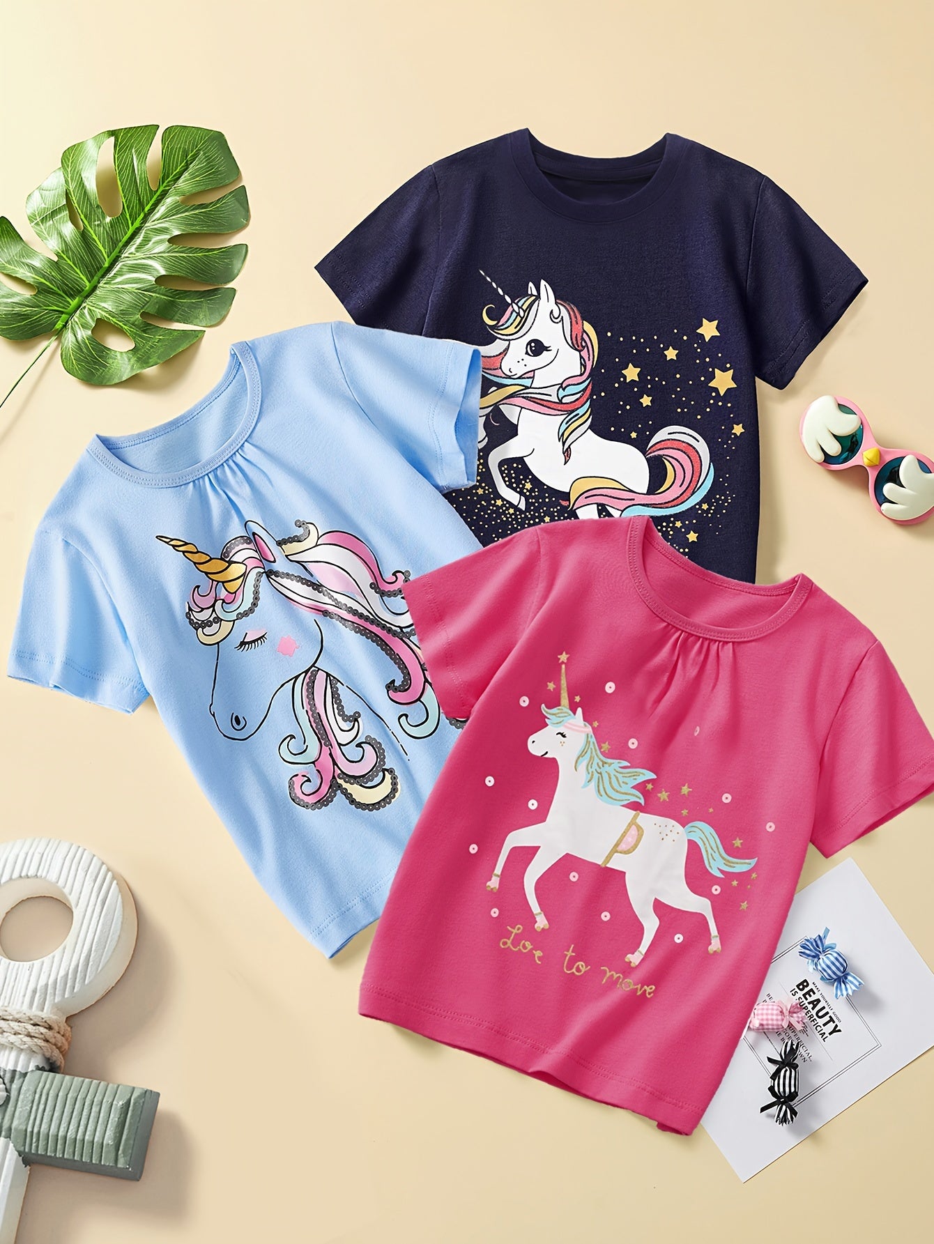 Cartoon Unicorns & Stars Graphic Print Tees, Girls 3pcs/set Casual & Trendy Cotton T-shirts For Spring & Summer, Girls Comfy Clothes For Street Wear