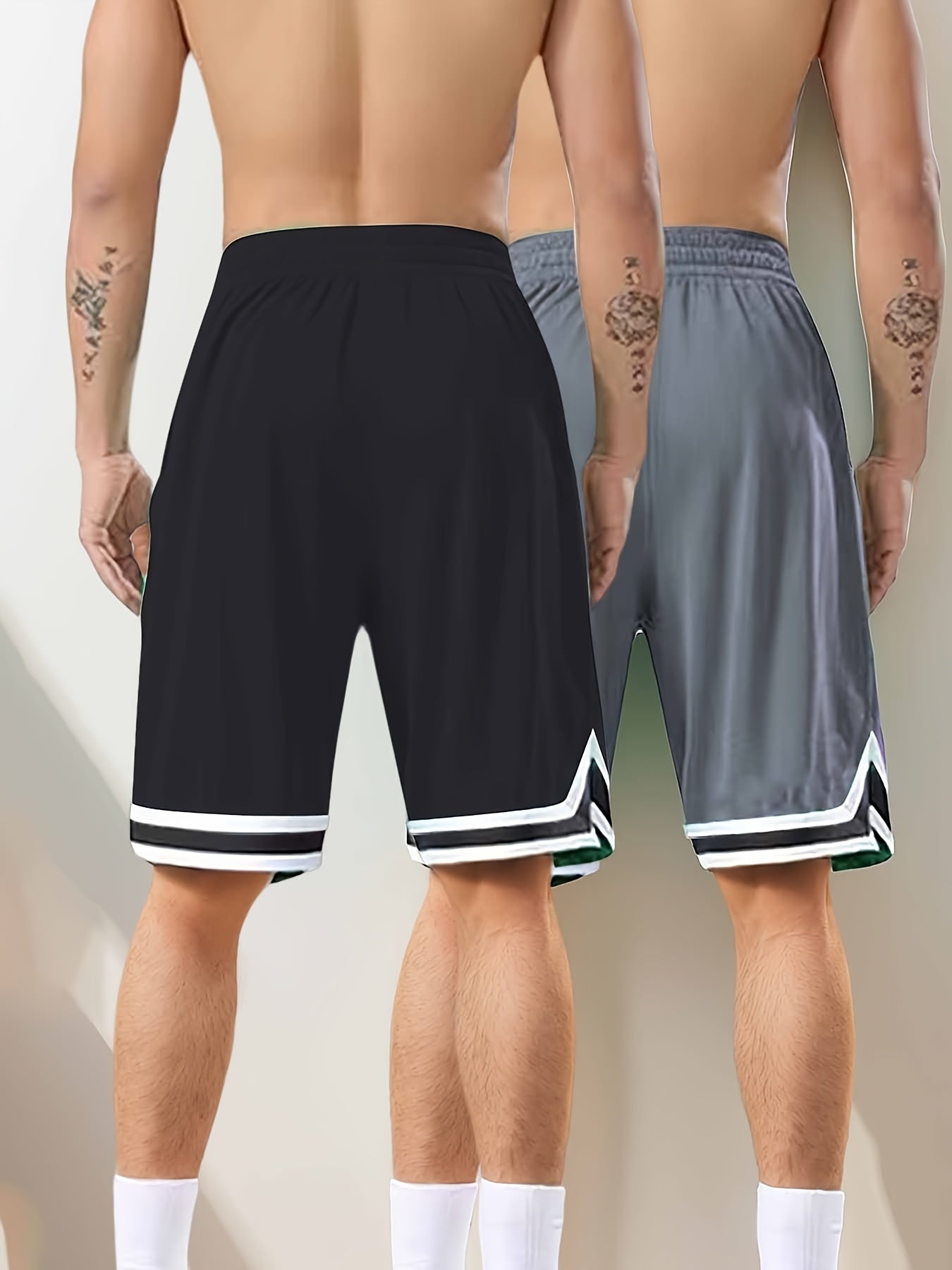 Two-Piece Mens Loose Fit Contrast Color Stripe Shorts Set - Drawstring Waist, Two Side Pockets, Breathable Slight Stretch Polyester Fabric, Ideal for Summer Fitness, Outdoor Sports, and Daily Casual Wear