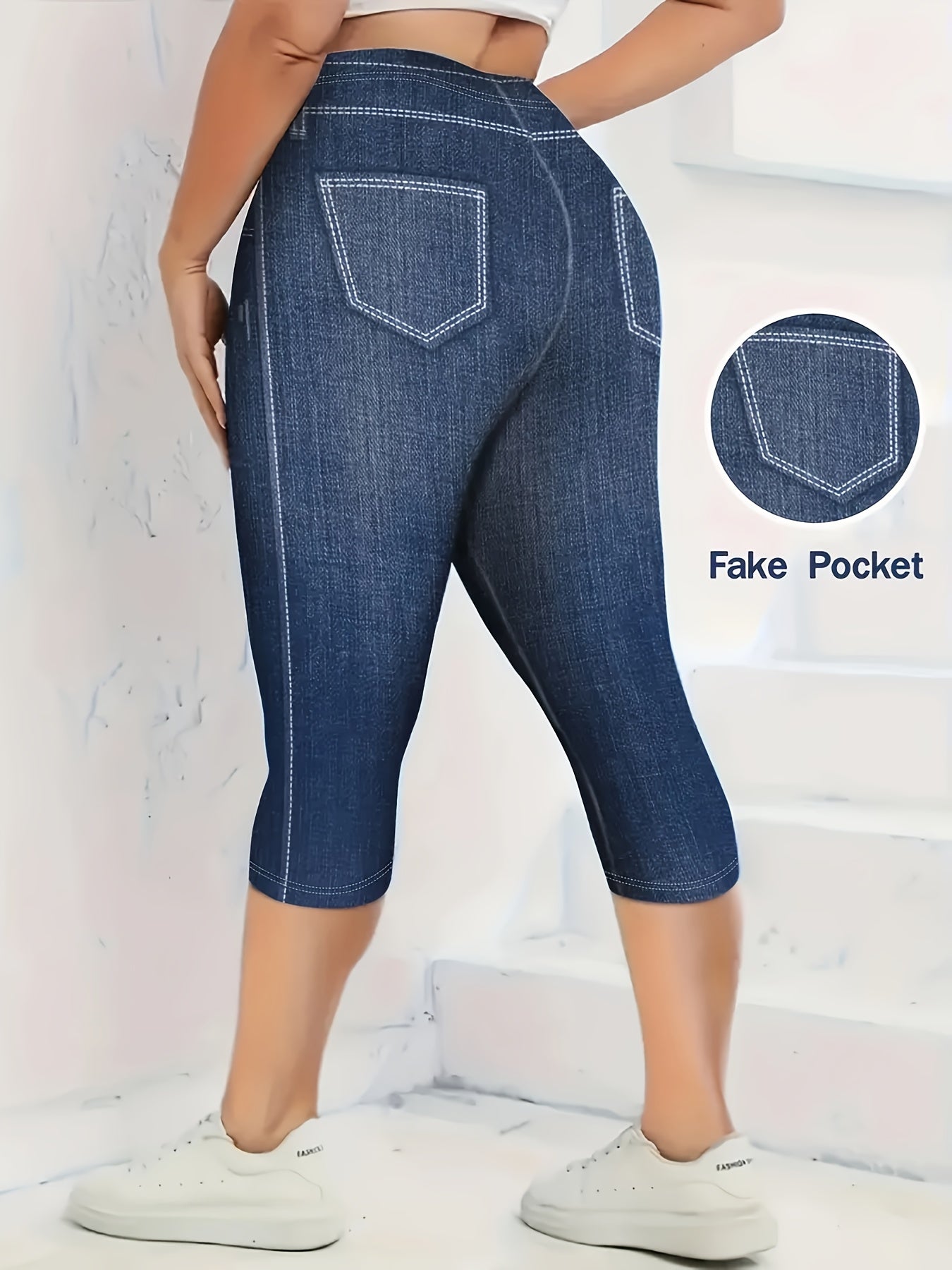 Plus Size Faux Denim Capri Leggings, Casual High Waist Stretchy Leggings For Spring & Summer, Women's Plus Size Clothing