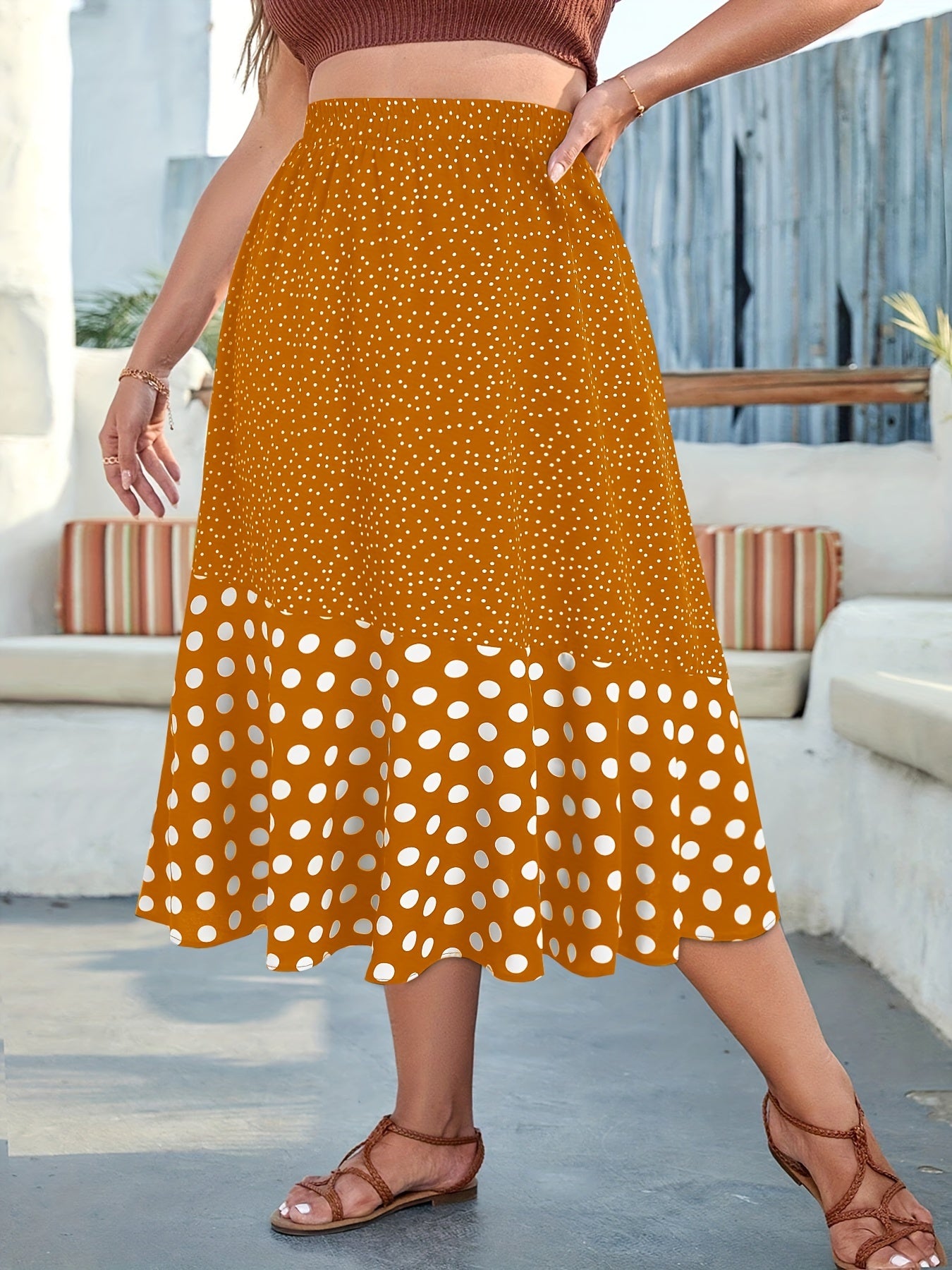 Plus Size Polka Dot Print Swing Skirt, Elegant High Waist Midi Skirt For Spring & Summer, Women's Plus Size Clothing