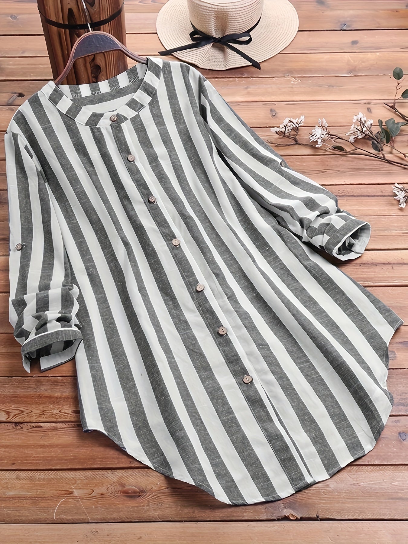 Striped Button Front Shirt, Casual Long Sleeve Curved Hem Shirt, Women's Clothing