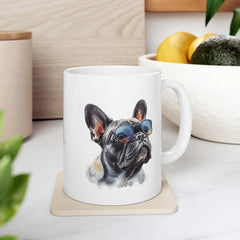 French Bulldog Ceramic Mug 11oz - Cool Glasses Dog Watercolor Print - Dog Lover Gift - Dishwasher & Microwave Safe