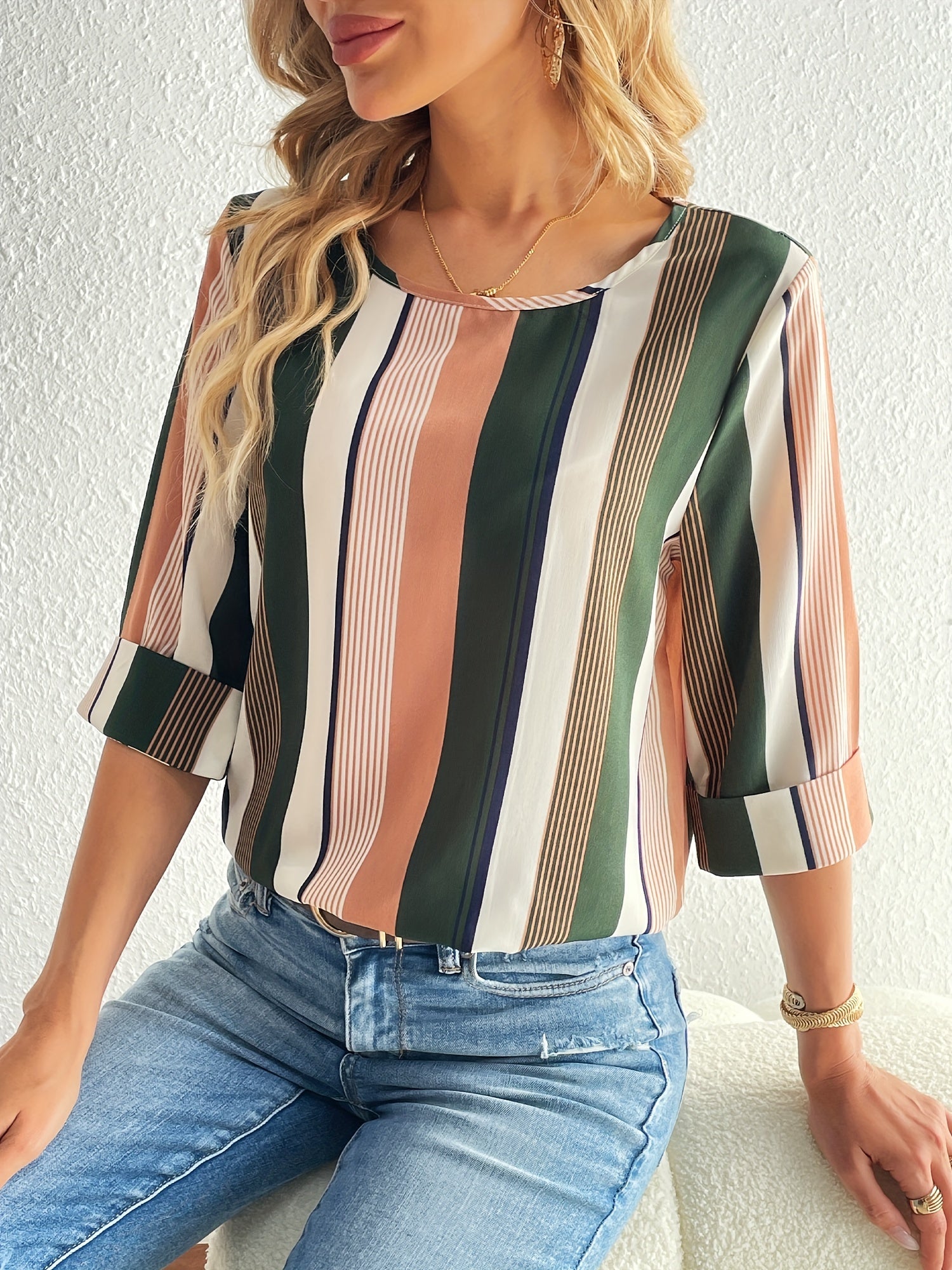 Striped Print 3/4 Sleeve Blouse, Casual Crew Neck Versatile Blouse, Women's Clothing