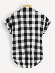 Plaid Print Single-breasted Blouse, Casual Collared Knot Front Short Sleeve Blouse For Spring & Summer, Women's Clothing