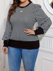 Plus Size Houndstooth T-Shirt, Casual Crew Neck Long Sleeve T-Shirt, Women's Plus Size Clothing