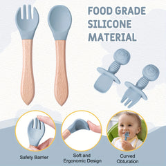 11-Piece Silicone Feeding Tableware Set - Durable, Soft, BPA-Free, 3-Compartment Plate, Wooden Utensils, Anti-Fall Cup - Perfect Gift for Christmas, Halloween, Thanksgiving Day, and New Years