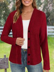 Button Front V Neck Knitted Cardigan, Casual Long Sleeve Solid Cardigan For Spring & Fall, Women's Clothing