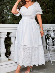 Plus Size Eyelet Puff Sleeve Dress, Elegant Scallop Trim Split Dress For Spring & Summer, Women's Plus Size Clothing