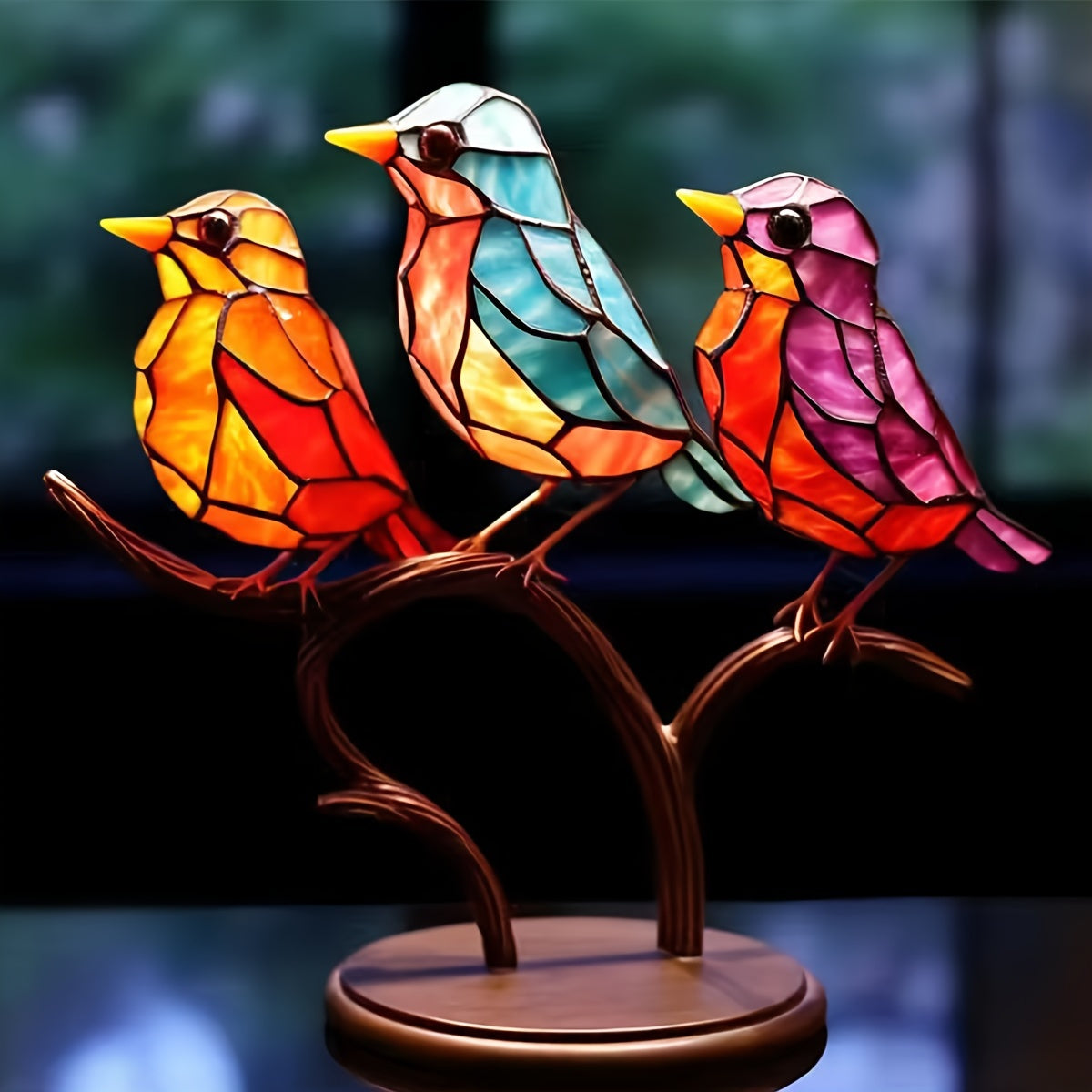 Stained Glass Style Bird Tree Branch Desktop Decor, Lifelike Metal Bird Tree Branch Decoration, Double-Sided Colorful Hummingbird Craft Sculpture, Essential Bedroom Ornament, Suitable As A Gift For Bird Enthusiasts.