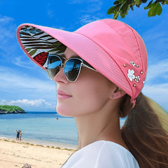 Chic Foldable Beaded Flower Sun Hat - Stylish Knitted Women's UV Protection Visors, Durable And Comfortable Outdoor Wear