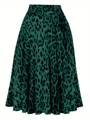 Plus Size Retro Skirt, Women's Plus Leopard Print Elastic Tie Waist Swing A-line Skirt