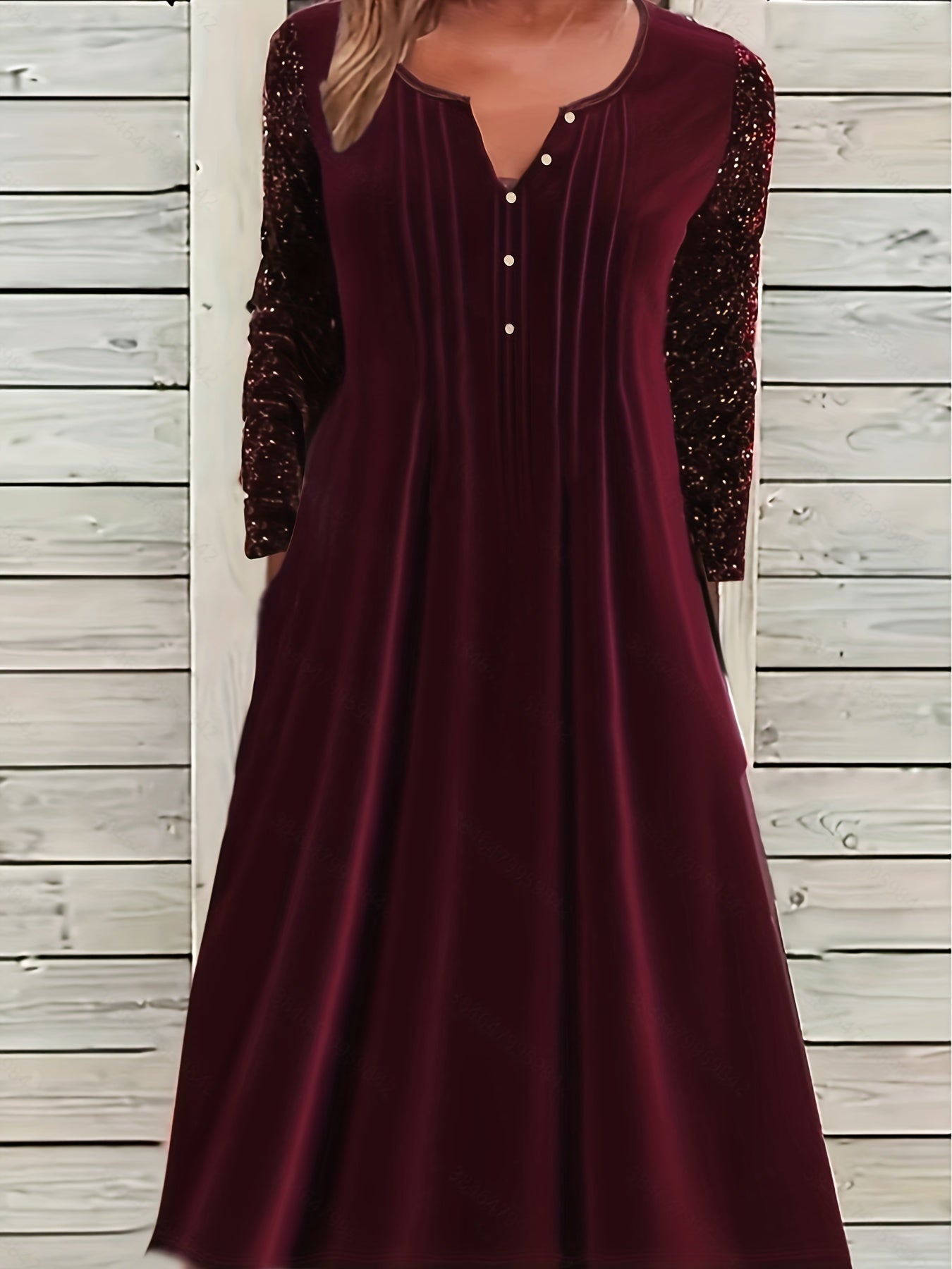 Plus Size Elegant Dress, Women's Plus Velvet Contrast Sequin Long Sleeve Notched Neck Button Detail Slight Stretch Dress With Pockets