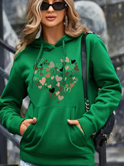 Heart Print Kangaroo Pocket Hoodie, Casual Long Sleeve Drawstring Hoodie Sweatshirt, Women's Clothing