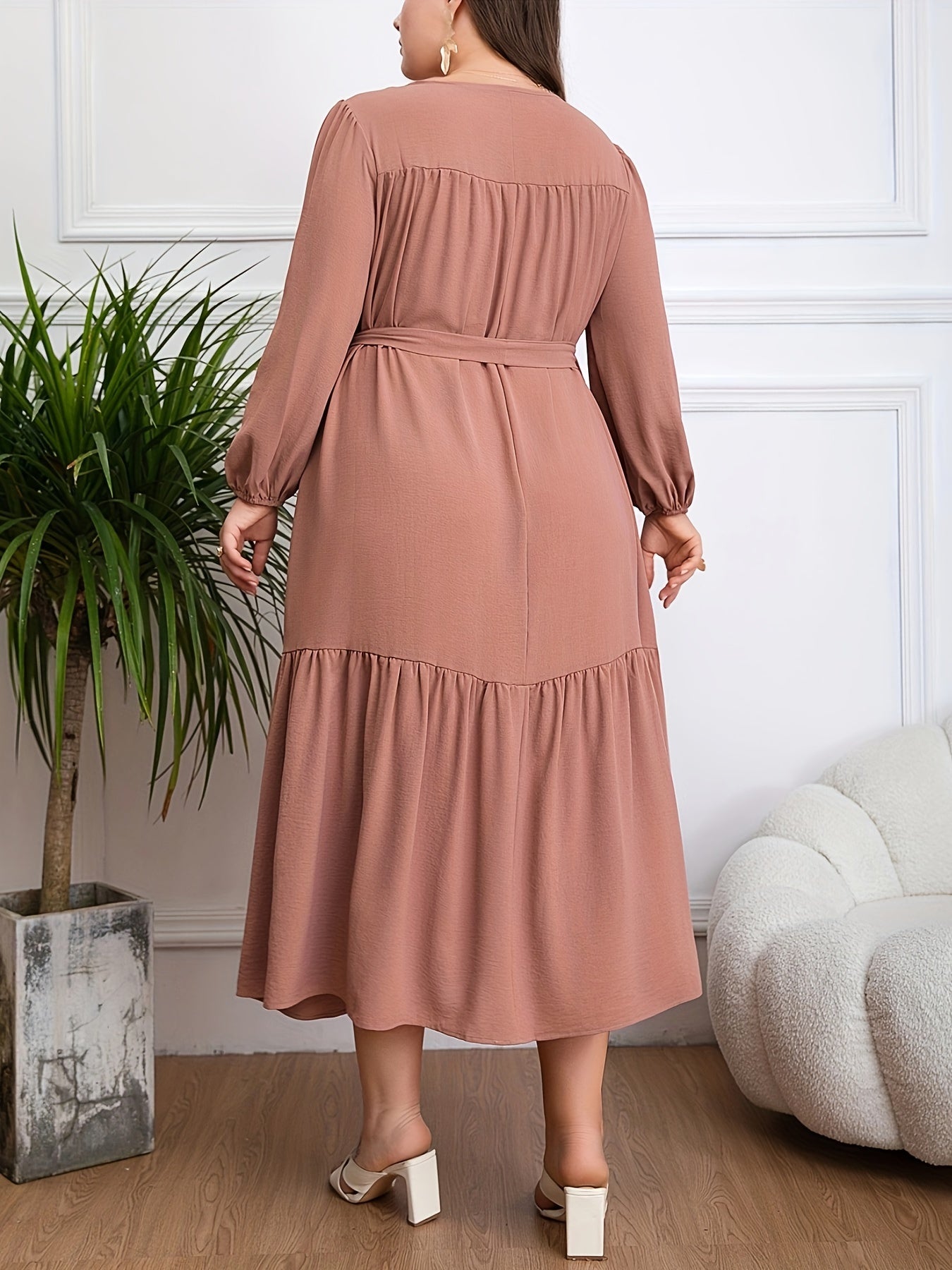 Plus Size Flattering Tie Waist Dress with Ruffle Hem - Long Sleeve Casual Style for Spring & Fall - Perfect Womens Plus Size Clothing Choice for Ramadan