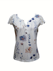 Floral Print Contrast Lace T-shirt, Vacation Button Notched Neck Short Sleeve Top For Spring & Summer, Women's Clothing