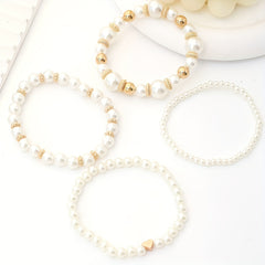 4pcs White Faux Pearls Beads Beaded Bracelet Set Elegant Handmade Hand String Jewelry Accessory