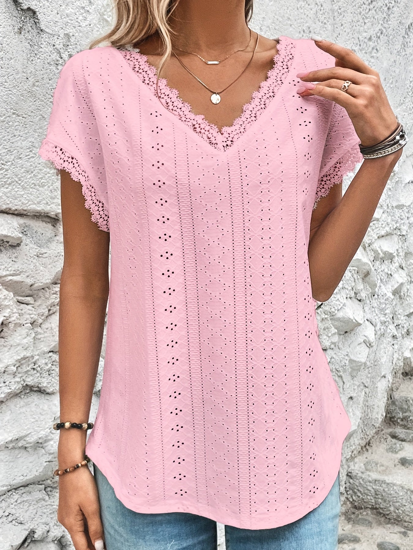 Lace Trim Eyelet Blouse, V Neck Loose Casual Top For Spring & Summer, Women's Clothing