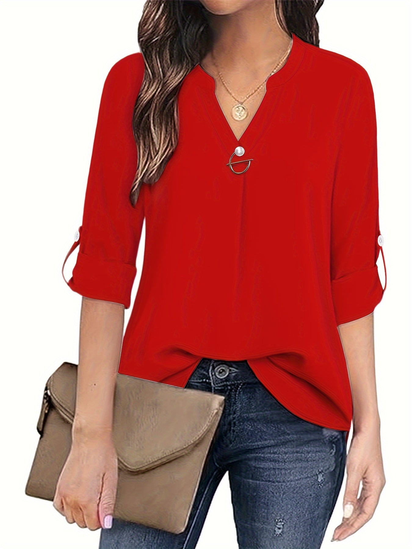 Solid Color Notch Neck Blouse, Casual Long Sleeve Blouse For Spring & Fall, Women's Clothing