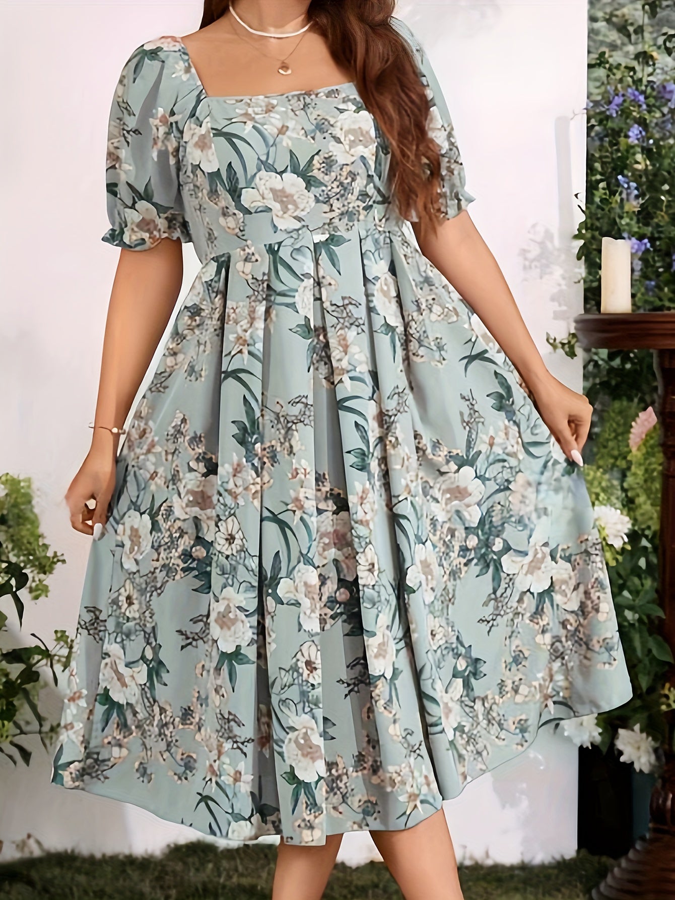 Plus Size Floral Print Cinched Waist Dress, Elegant Square Neck Pleated Swing Dress For Spring & Summer, Women's Plus Size Clothing