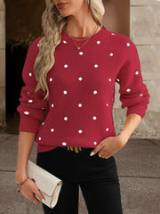 Polka Dot Knit Sweater - Relaxed Fit Casual Long Sleeve Crew Neck Sweater for Women, Perfect for Everyday Wear, Womens Clothing