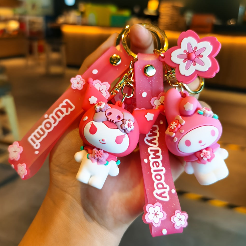 Sanrio Hello Kitty Sakura Pink Doll Keychain With Floral Charm, Cute Cartoon Durable Pendant For Men