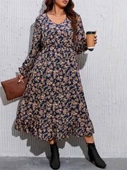 Plus Size Floral Print Cinched Waist Dress, Vacation Style Ruffle Hem Long Sleeve V Neck Midi Dress For Spring & Fall, Women's Plus Size Clothing