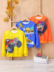 3pcs Cartoon Car Print Sweatshirt For Boys - Casual Creative Design With Stretch Fabric For Comfortable Spring/Autumn Wear