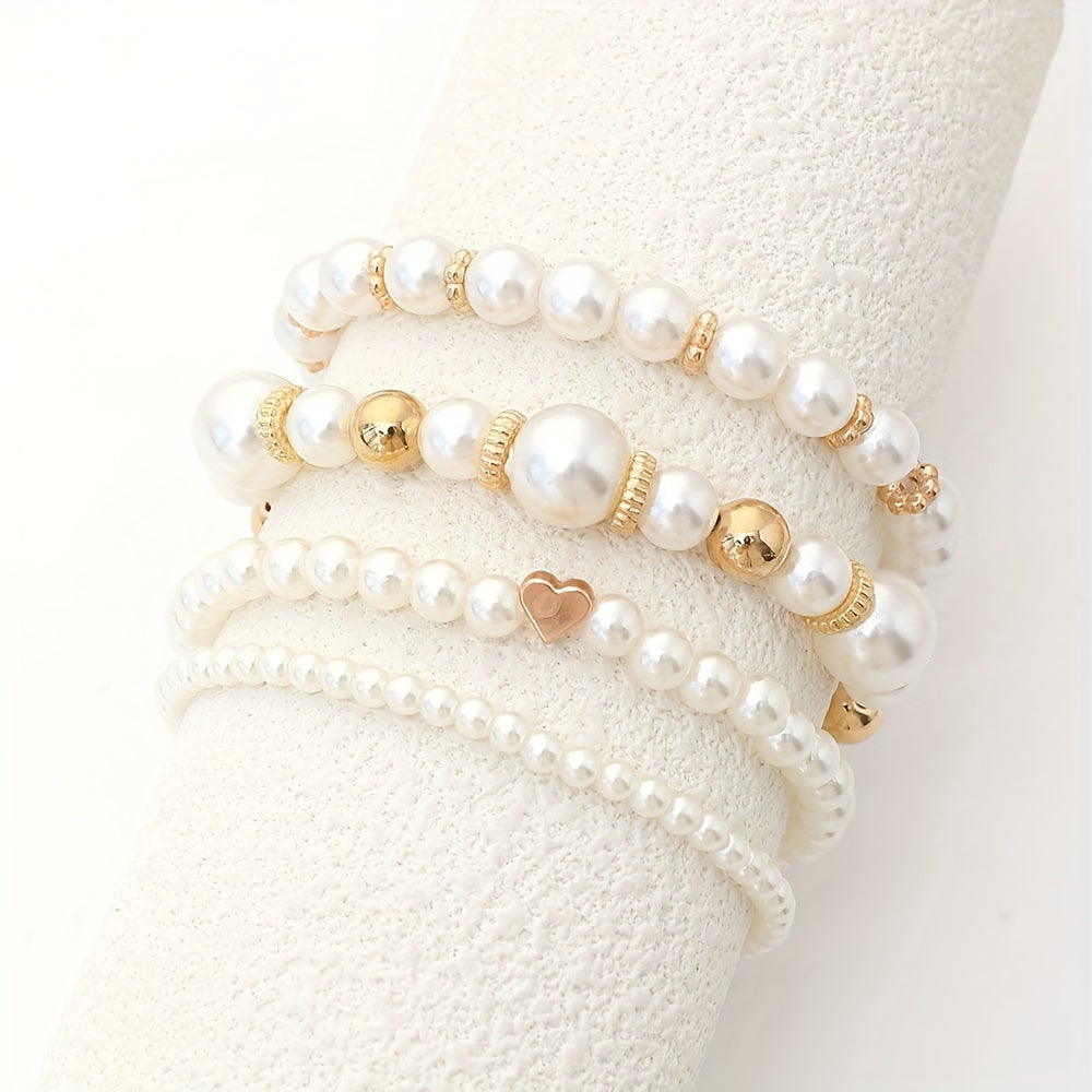 4pcs White Faux Pearls Beads Beaded Bracelet Set Elegant Handmade Hand String Jewelry Accessory