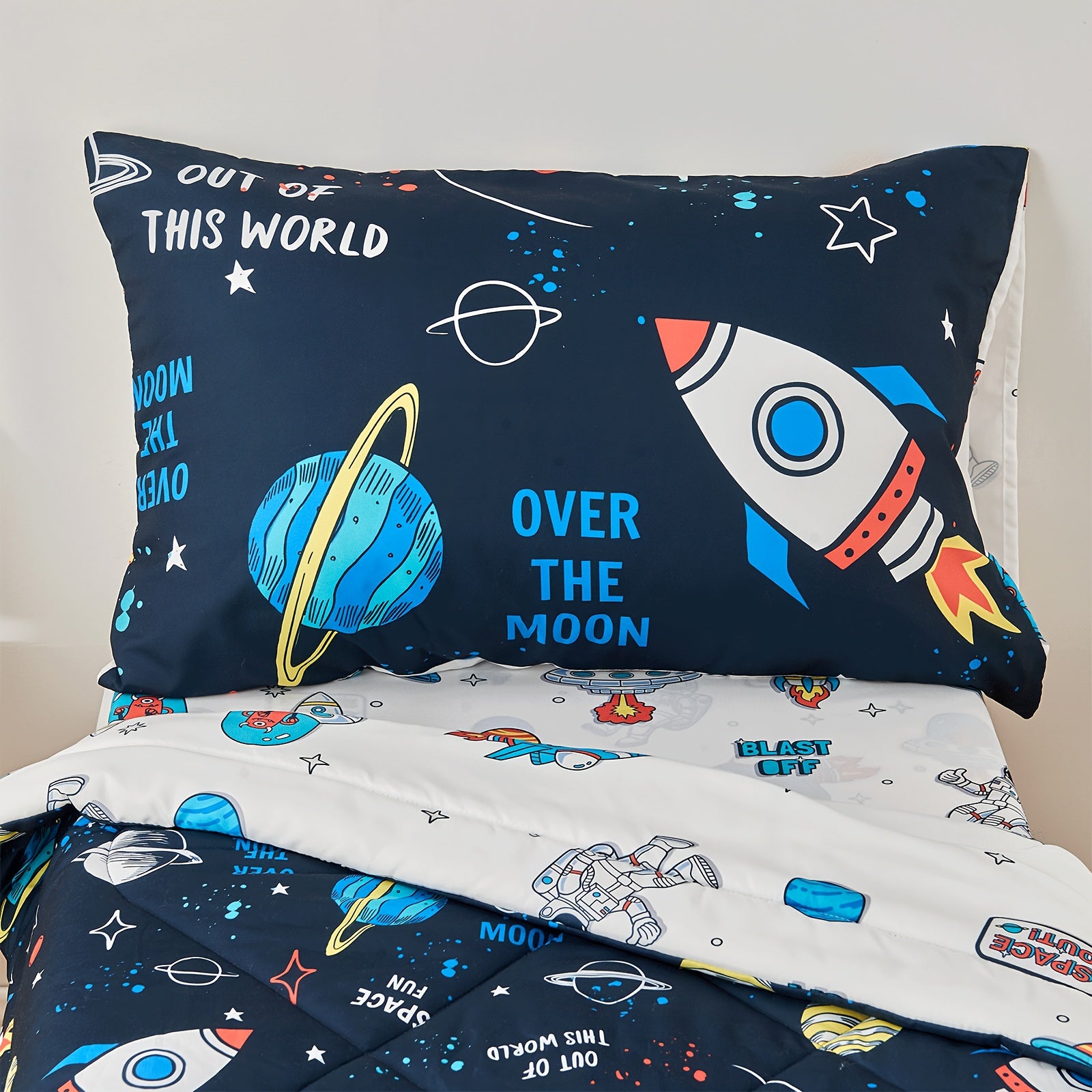 4-Piece Space Galaxy Bedding Set - Soft Comforter, Snug Fitted Sheet, Smooth Flat Sheet, and Stylish Reversible Pillowcase for a Themed Room Decor