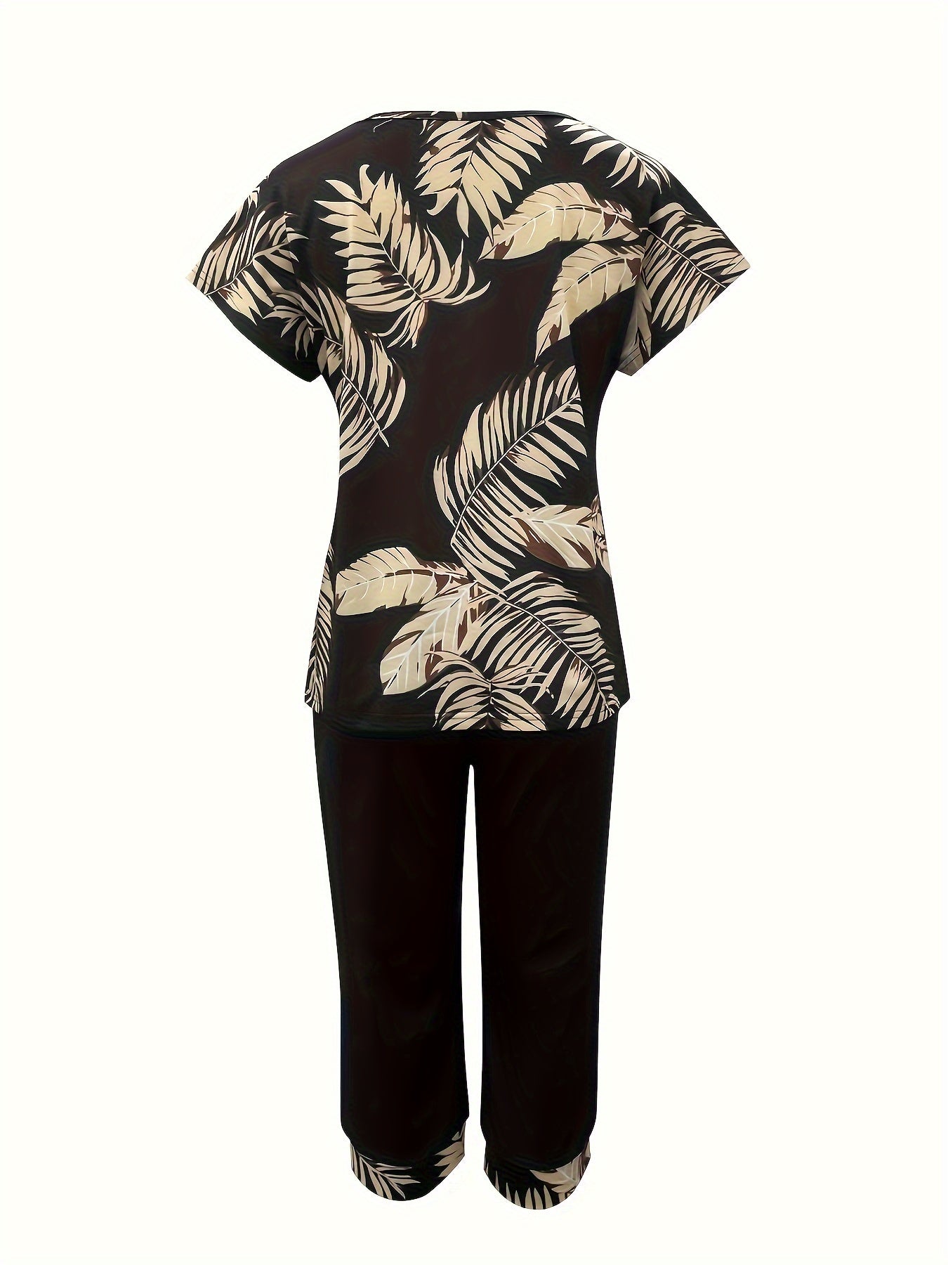 Trendy Leaf Print Womens Capri Pants Set - Lightweight Short Sleeve Top with Comfortable Crew Neck & Sleek Straight Leg Pants, Stylish Casual Outfit for Everyday Wear