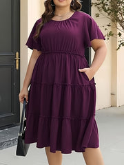 Plus Size Solid Tiered Lettuce Trim Dress, Elegant Pocket Ruched Short Sleeve Crew Neck Dress For Spring & Summer, Women's Plus Size Clothing