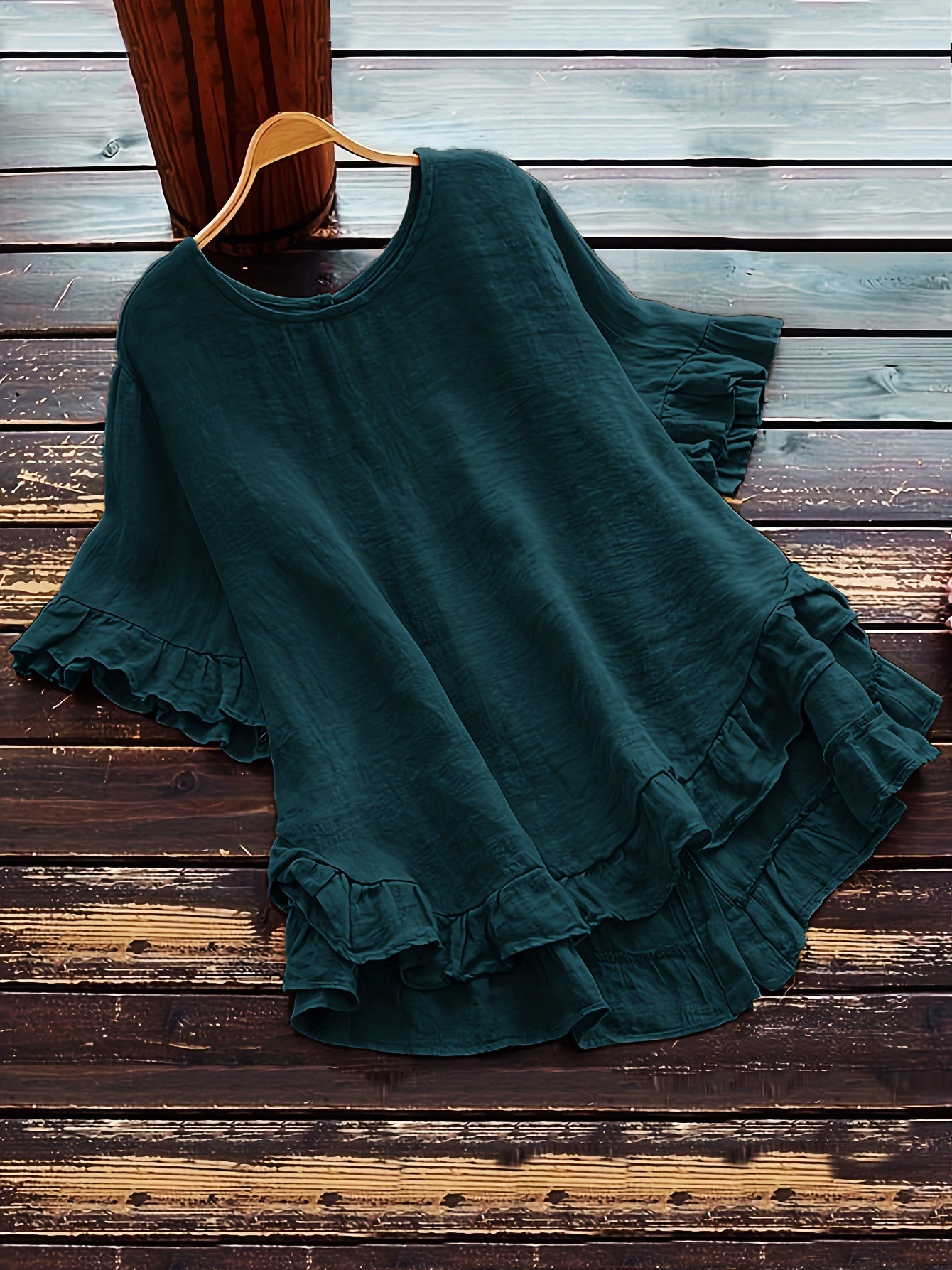 Button Detail Ruffle Hem Blouse, Casual Crew Neck Short Sleeve Blouse For Spring & Summer, Women's Clothing