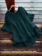 Button Detail Ruffle Hem Blouse, Casual Crew Neck Short Sleeve Blouse For Spring & Summer, Women's Clothing