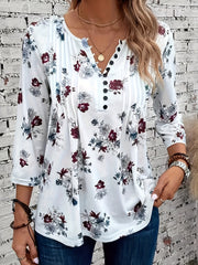 Floral Print Notched V Neck T-shirt, Elegant 3/4 Sleeve Ruched Top For Spring & Fall, Women's Clothing