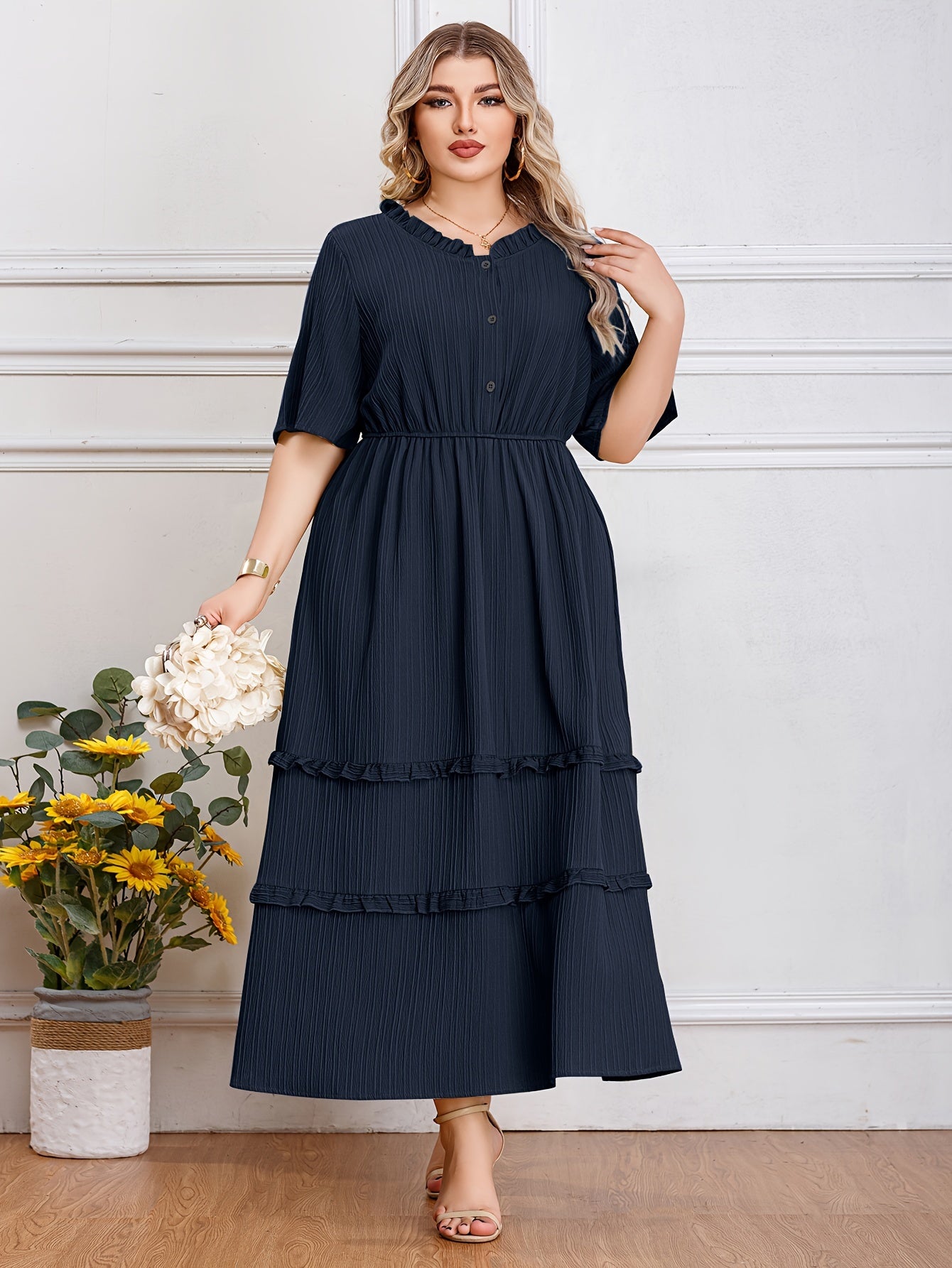 Plus Size Textured Solid Lettuce Trim Dress, Casual Crew Neck Short Sleeve Midi Dress, Women's Plus Size Clothing