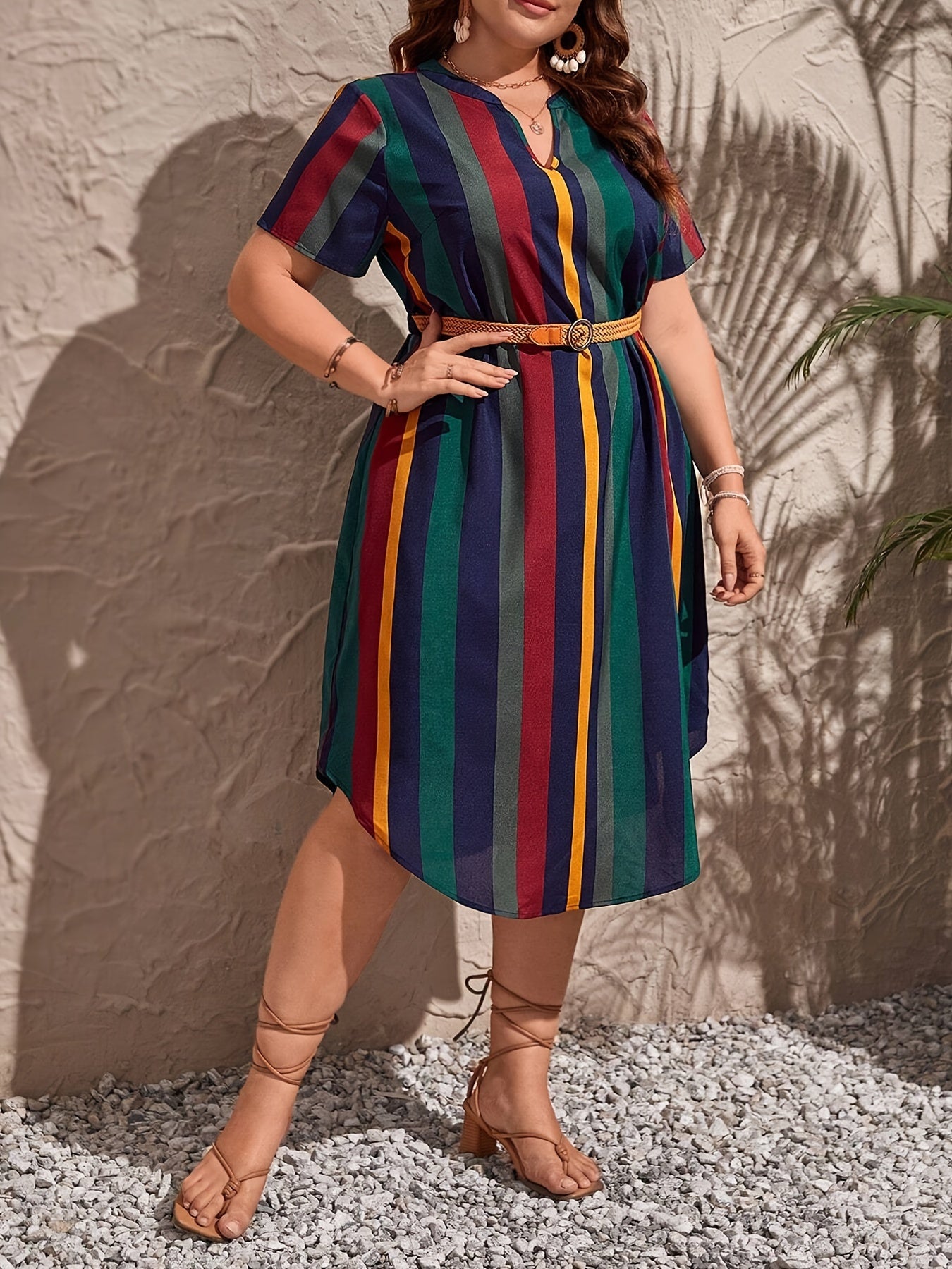 Plus Size Striped Dress with Notched Neck - Comfortable Short Sleeves for Casual Chic - Designed for Curvy Womens Fashion