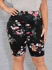 Plus Size Floral Print High Waist Leggings, Vacation Style Short Leggings For Spring & Summer, Women's Plus Size Clothing