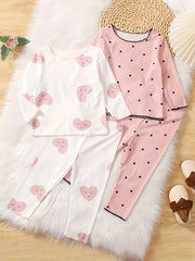 2 Sets Baby's Cartoon Heart & Polka Dots Pattern Long Sleeve Top + Comfy Ribbed Pants, Toddler & Infant Girl's Clothing Set For Spring Summer