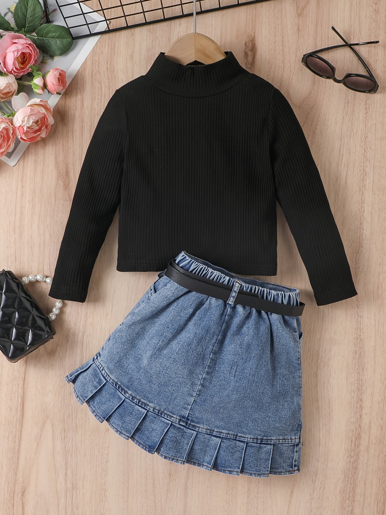 Girl's Trendy Outfit 2pcs, Mock Neck Ribbed Top & Belted Denim Skirt Set, Kid's Clothes For Spring Autumn